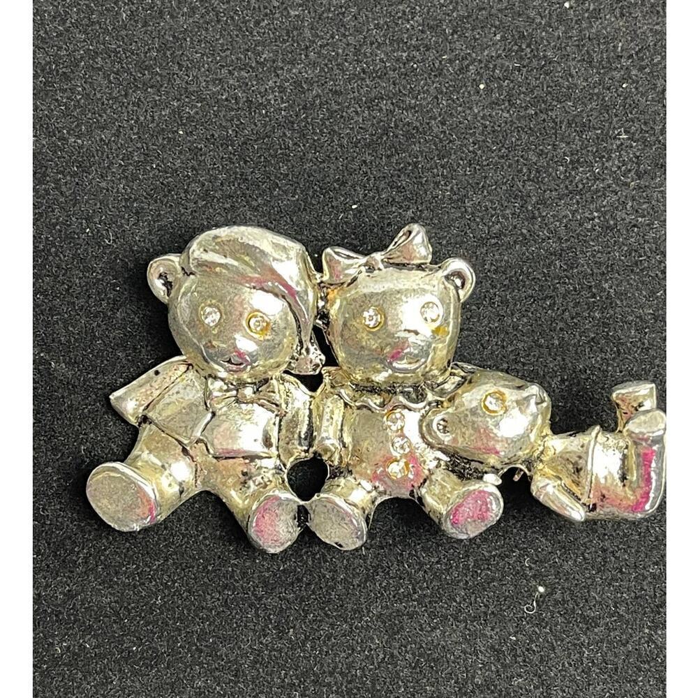 3 Silver Bear Cubs Pin Brooch With Rhinestone Eyes